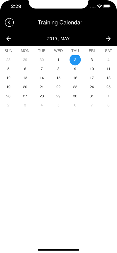 Nike Learning Passport - Trainingskalender-Bildschirm in der Nike Learning Passport App mit einem Monatsplan für interne Mitarbeiterschulungen.