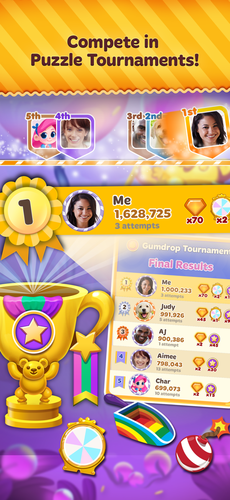 Leaderboard for a Candy Blast Mania puzzle tournament showing player rankings and a gold trophy