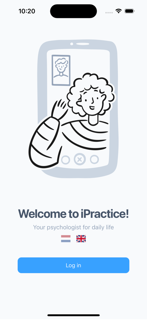 Welcome screen of the iPractice app showing a video call illustration and a log in button.