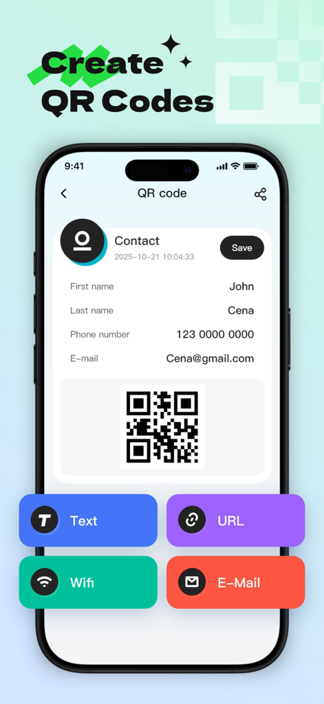 QR Scanner - Create, Scan - A mobile app screen showing the creation of a contact QR code for a digital business card.