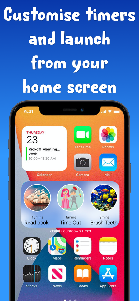 iPhone home screen showing a customizable visual countdown timer widget for children