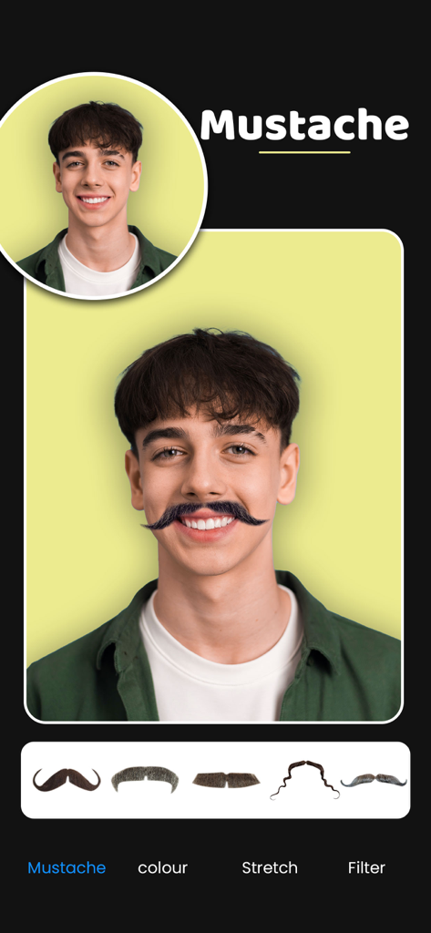 Man Hair Style Editor : Smarty - Interface of the Man Hair Style Editor app showing a mustache filter being applied to a man portrait