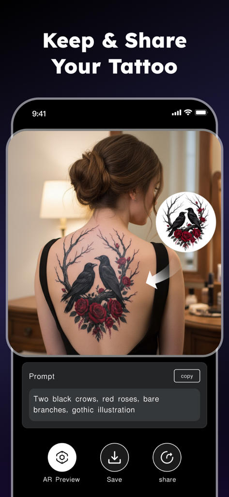 Um design de tatuagem de corvo gótico e rosa em pré-visualização nas costas de uma mulher no aplicativo Tattoo AI.