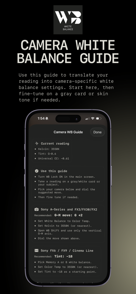 CINE WHITE BALANCE - Interfaz de la aplicación Cine White Balance mostrando ajustes profesionales de balance de blancos y tinte de cámara para cámaras de cine Sony.