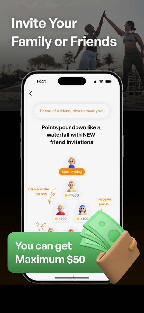 Moneywalk app referral screen showing points and cash rewards for inviting friends and family