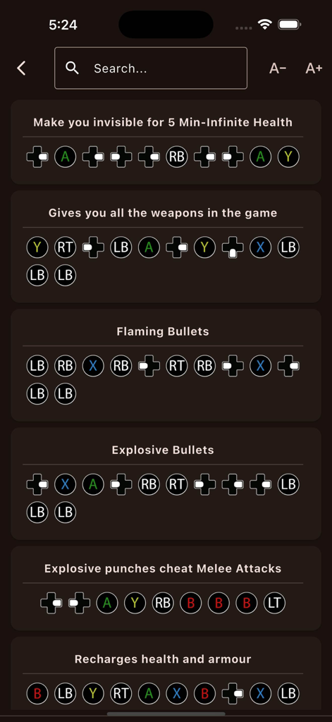 GTA 5 Cheat Codes & Missions - Un elenco di codici trucchi di GTA 5 per Xbox che mostra gli input dei pulsanti del controller in un'interfaccia scura