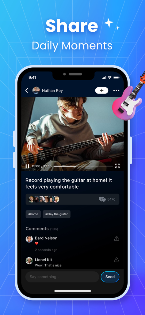TakTak - Live Call, Girls Chat - A mobile interface of the TakTak app showing a user vlog of a person playing guitar with a comments section.