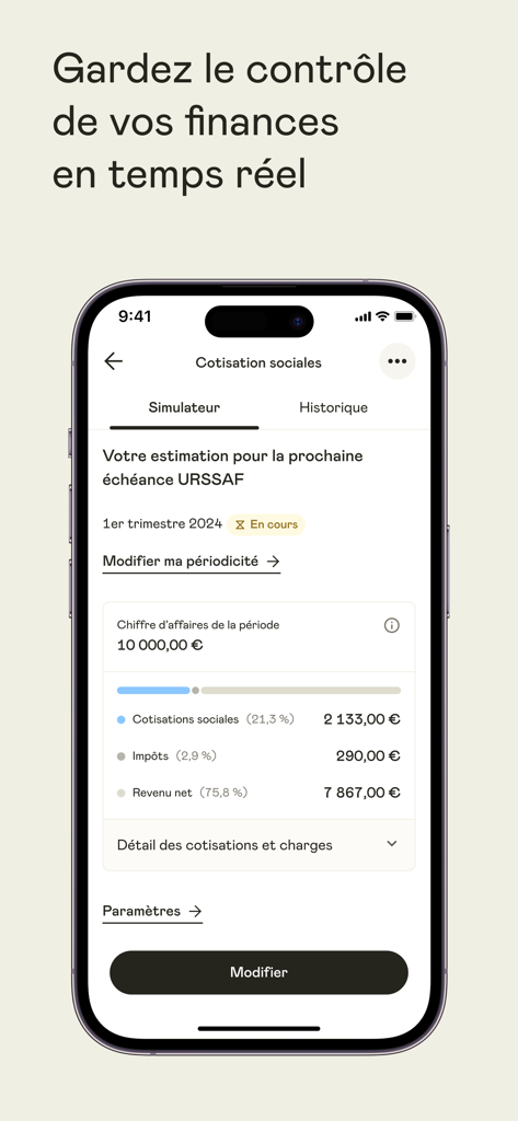 Shine - Compte pro en ligne - Écran mobile de l'application Shine affichant un simulateur de taxes et de cotisations sociales pour les comptes professionnels