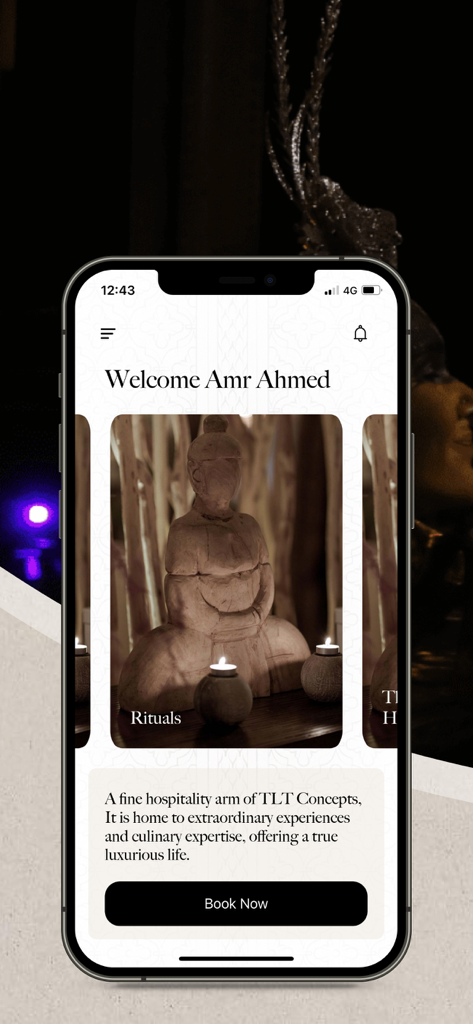TLT Concepts - TLT Conceptsの高級ホスピタリティ予約オプションとエレガントなデザインを示すモバイルアプリのウェルカム画面。