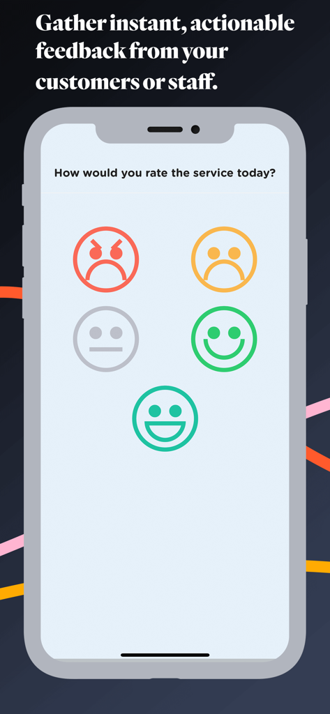 Surveyapp - Smiley Surveys - Interfaccia mobile di Surveyapp che mostra cinque icone di faccine smiley per la valutazione del cliente
