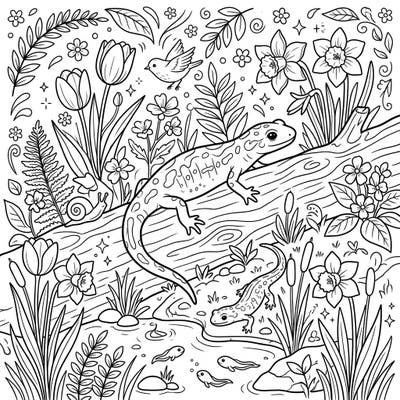 Discover the vibrant awakening of nature with this delightful salamander spring coloring page. Bring to life a charming scene featuring playful amphibians nestled among blooming flowers and lush greenery, perfect for a relaxing artistic escape.