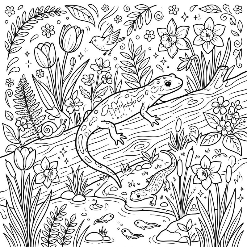 Discover the vibrant awakening of nature with this delightful salamander spring coloring page. Bring to life a charming scene featuring playful amphibians nestled among blooming flowers and lush greenery, perfect for a relaxing artistic escape.