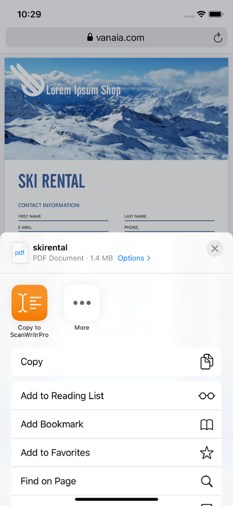 ScanWritr Pro - iOS共有メニューを介してScanWritr ProにPDFドキュメントがインポートされている画面