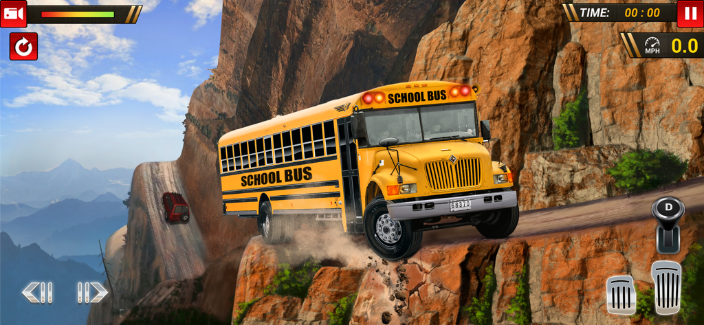 School Bus Uphill Driving - Un autobús escolar amarillo conduciendo por un estrecho camino de montaña en un juego simulador.