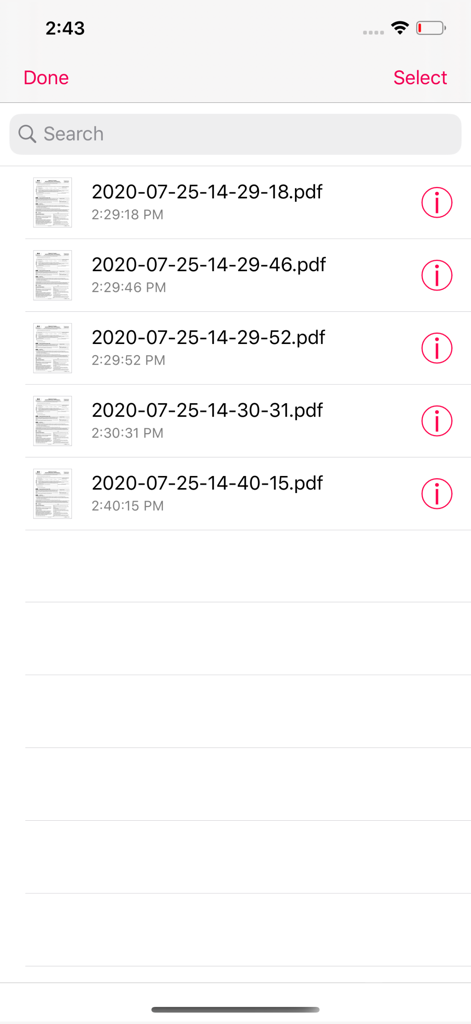 PDF Scanner Pro ⊟ - Une liste de fichiers PDF numérisés avec des horodatages et une barre de recherche dans l'interface de l'application Scanner PDF Pro