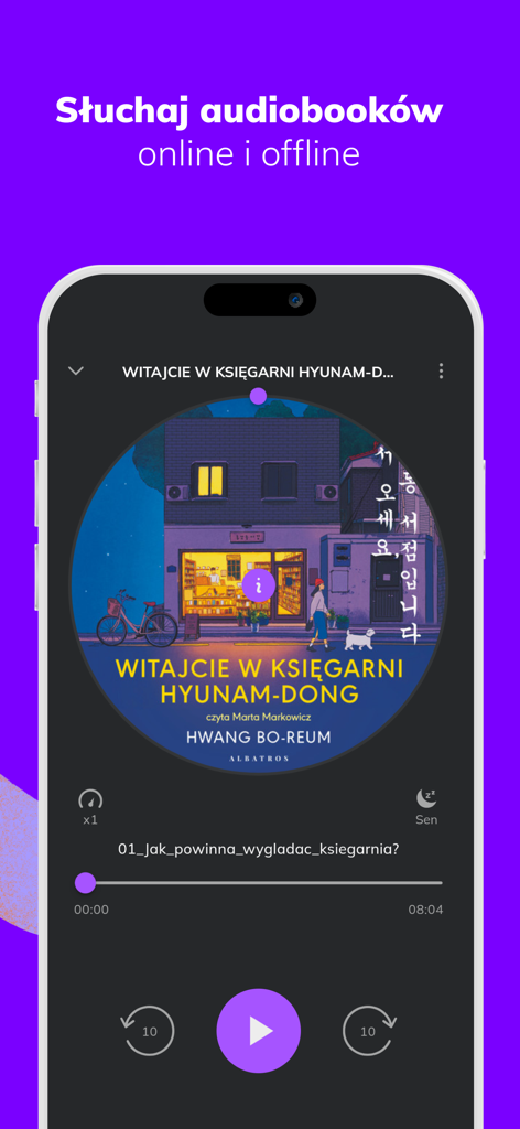 Woblink - The Woblink app displaying an audiobook player interface with a Polish book cover and playback controls