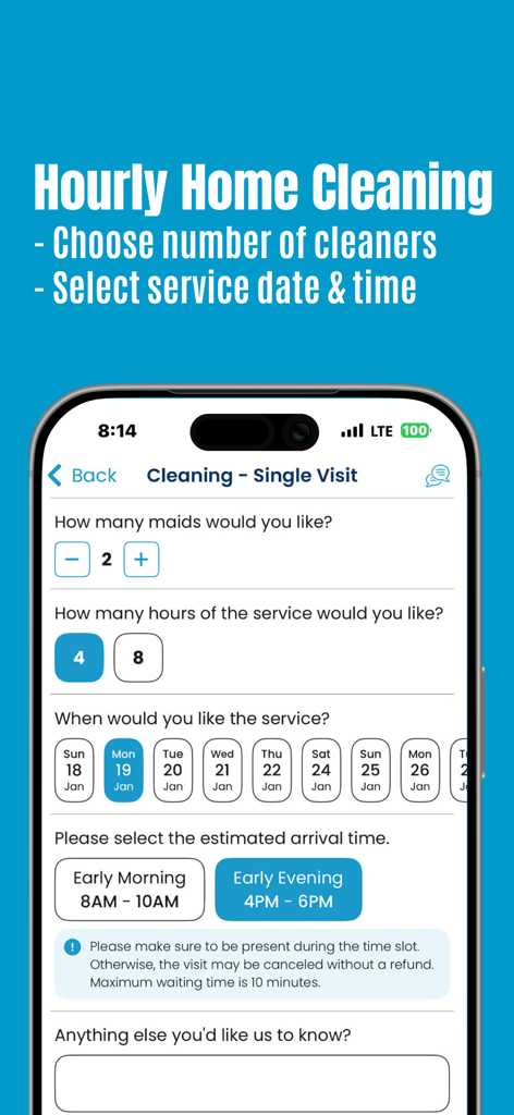 CleanLine - CleanLine app screen for booking hourly home cleaning with options for selecting cleaners, duration, date, and arrival time