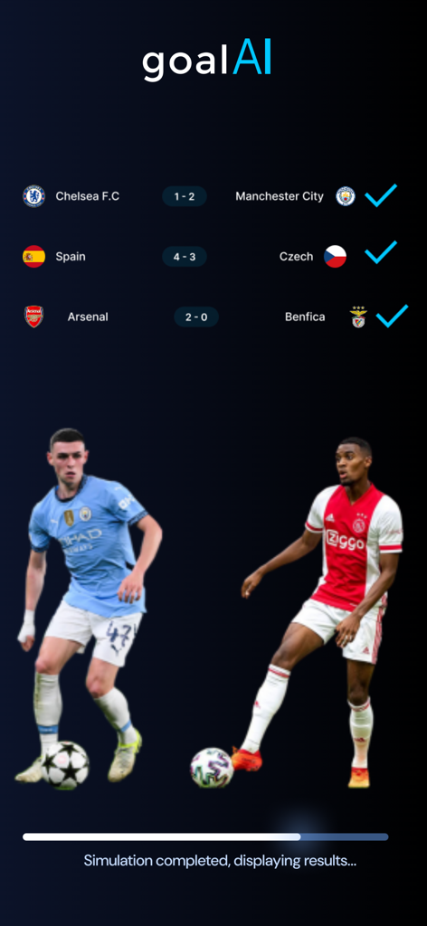 Soccer Betting Tips - goalAI - Interface of the goalAI app displaying completed soccer match simulations and final scores with checkmarks