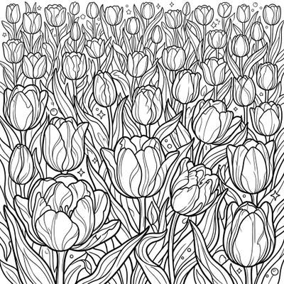 Dive into a vibrant garden of Triumph Tulips with this captivating full-scene coloring template. This intricate design offers endless creative possibilities, inviting you to bring a field of beautiful blooms to life with your favorite colors.