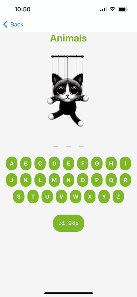 Screenshot of the Hanging Cat game showing a word puzzle in the Animals category with a cute cat illustration