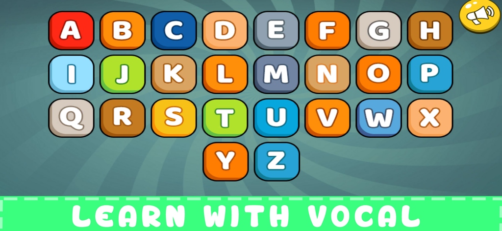 ABC Learn: Tracing & Phonics - ABC Learnアプリの、ボーカル学習ラベル付きのカラフルなアルファベット（AからZ）のグリッド