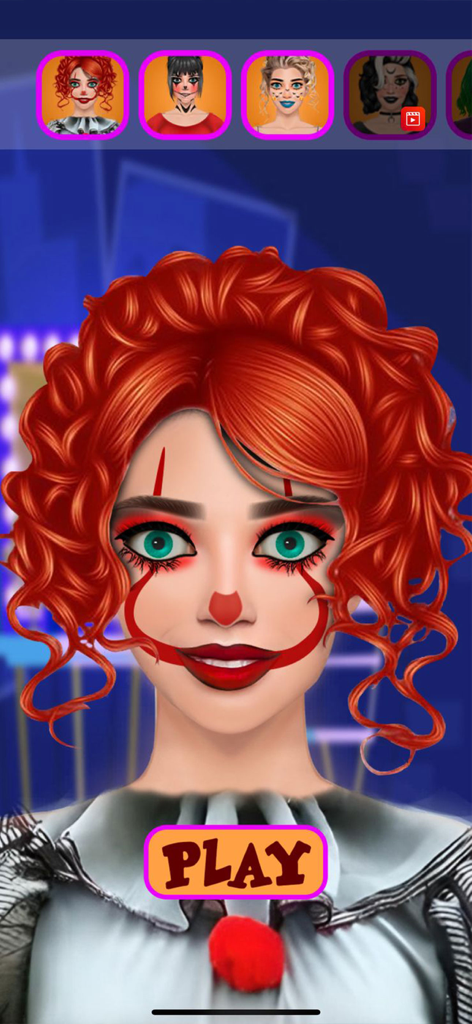 Halloween Makeup Salon Game - Start screen of the Halloween Makeup Salon Game featuring a character with red curly hair and spooky clown face paint
