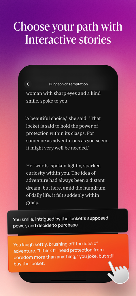 Uma tela de celular mostrando uma escolha de história interativa no aplicativo Fate, onde o leitor seleciona sua próxima ação