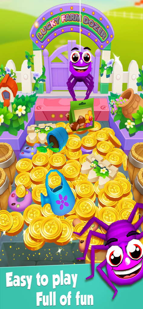Coin Mania: Farm Dozer - A colorful 3D coin pusher game machine filled with gold coins and farm-themed prizes like a blue watering can