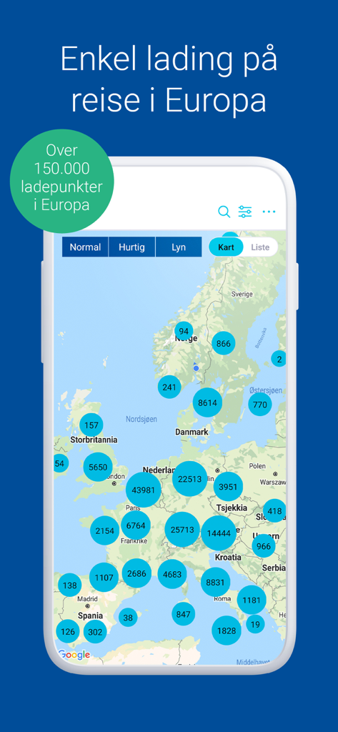 Karte von Europa in Elbilappen mit über 150.000 Ladestationen für Elektrofahrzeuge.