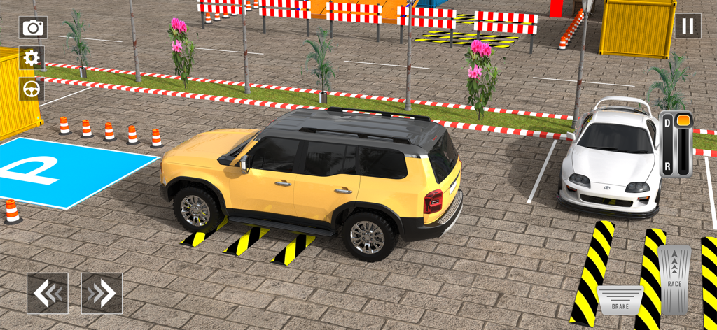Prado Parking Game - Car Game - A yellow Prado SUV in a realistic car parking simulation game with on-screen driving controls