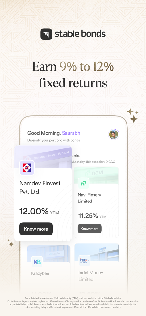 Stable Bonds mobile app interface displaying investment options with fixed returns ranging from 9 to 12 percent