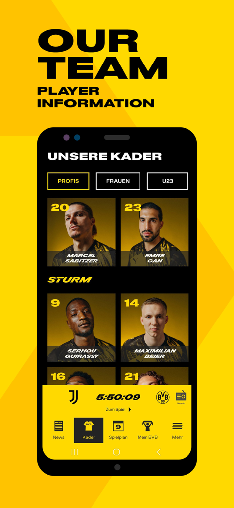 BVB - Der Kaderbildschirm der Borussia Dortmund App mit Spielerfotos und Trikotnummern