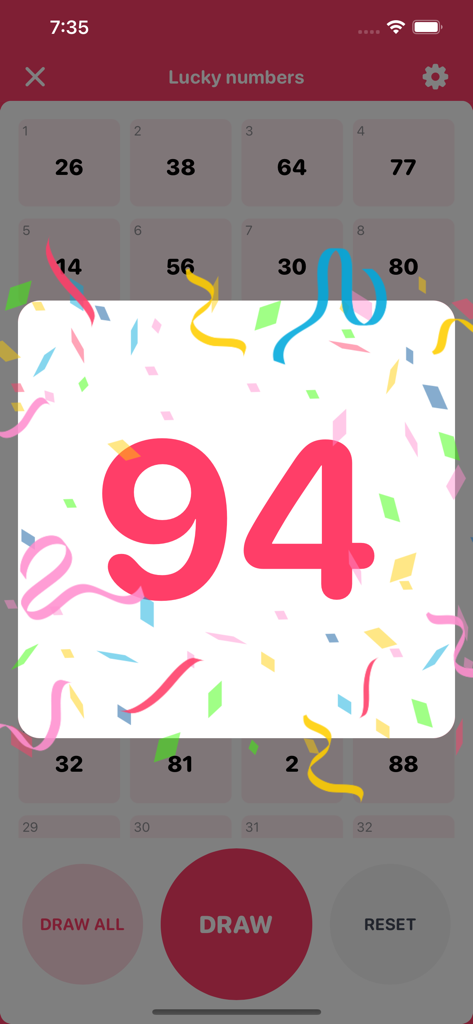 ラッキードローアプリの画面。お祝いの紙吹雪とともに、ランダムに選ばれた数字 94 を表示しています。