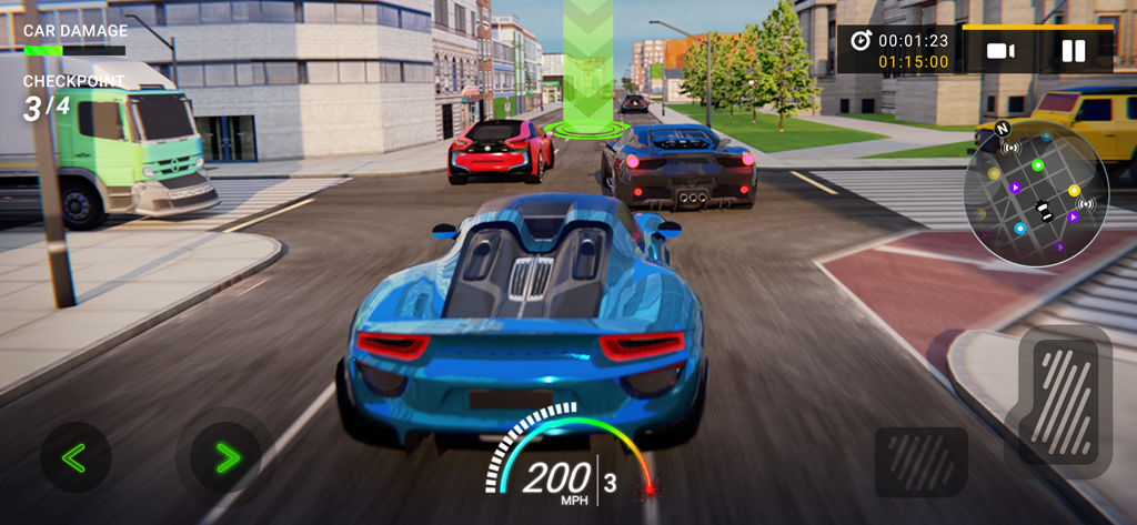 Blauer Sportwagen fährt durch Stadtstraßen im Drive For Speed-Simulator