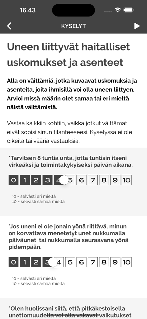Nettiterapiat - Una pantalla de cuestionario clínico en la aplicación Nettiterapiat centrada en creencias y actitudes sobre el sueño para el tratamiento del insomnio.