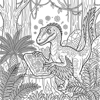Explore the fascinating concept of Velociraptor intelligence with this detailed coloring page, featuring a clever dinosaur examining an ancient artifact in a dense prehistoric jungle. This intricate design invites you to bring a world of ancient mystery and discovery to life with your favorite colors.