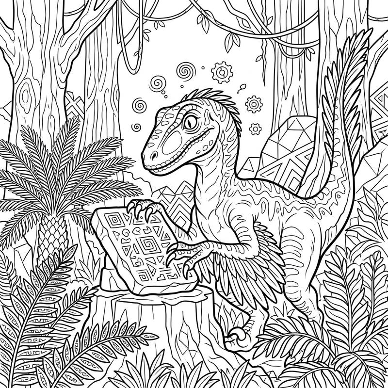 Explore the fascinating concept of Velociraptor intelligence with this detailed coloring page, featuring a clever dinosaur examining an ancient artifact in a dense prehistoric jungle. This intricate design invites you to bring a world of ancient mystery and discovery to life with your favorite colors.