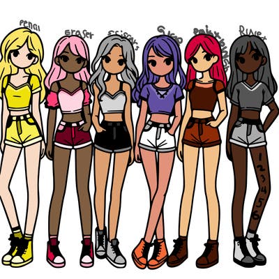 a group of girls wearing crop tops and shorts