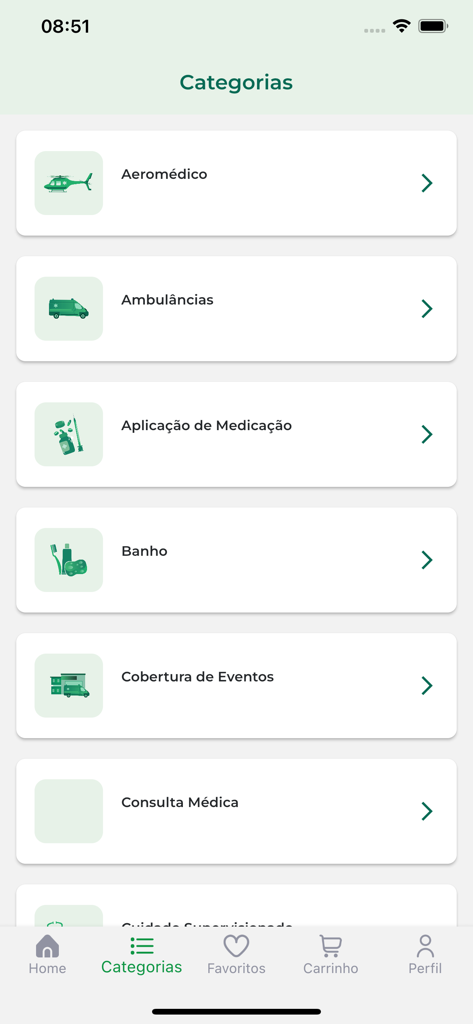 Home Doctor - Interface of the Home Doctor app displaying categories for medical services like ambulances medication and home care
