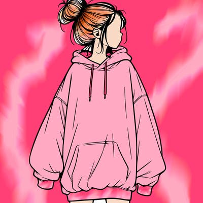 realistic girl with a oversized sweatshirt on and a bun