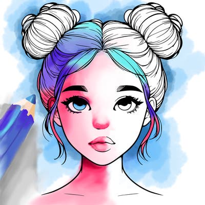realistic girl with two buns on top of her head
