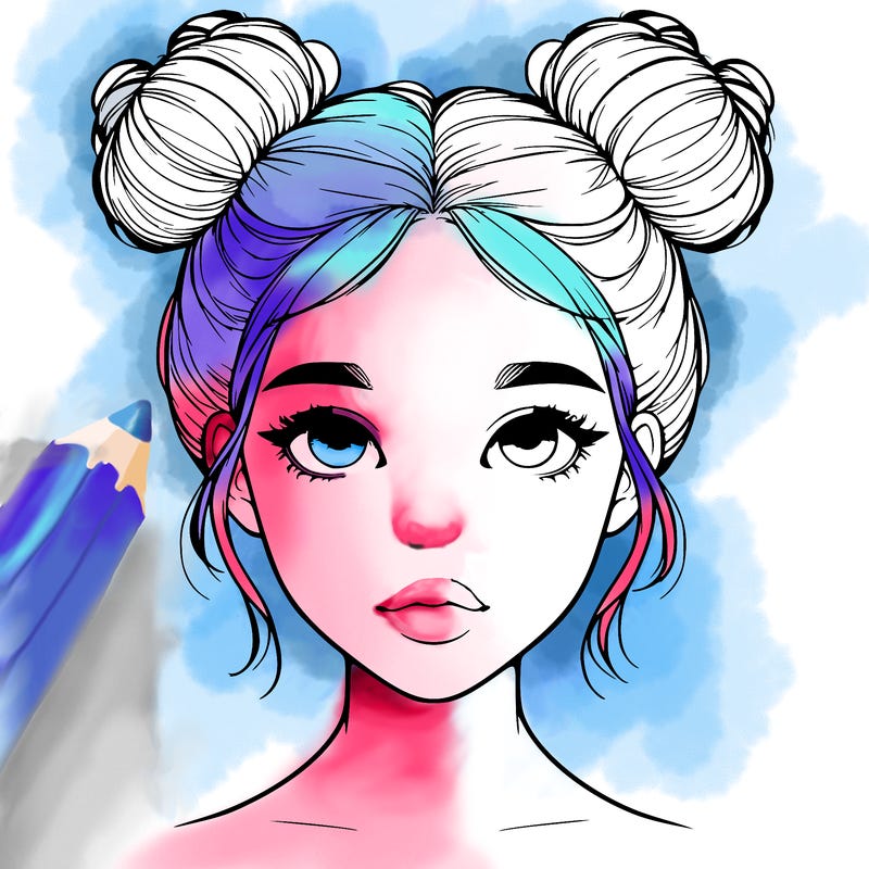 realistic girl with two buns on top of her head
