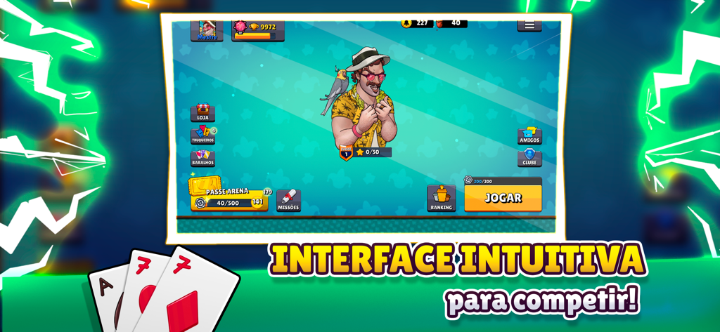 Truco Arena main menu showing character avatar and game navigation buttons