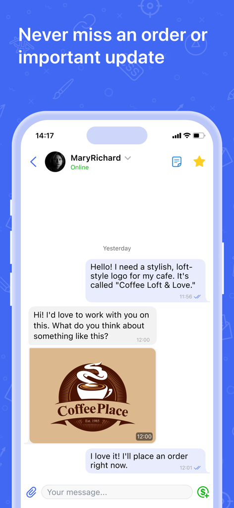 Kwork - Mobile app chat screen showing a freelancer sharing a logo design draft with a client on Kwork