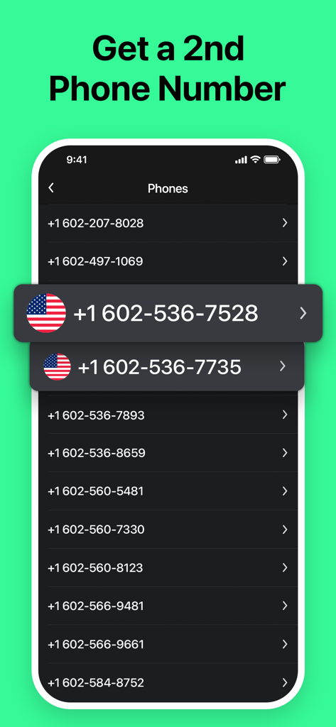 Lista de segundos números de telefone dos EUA disponíveis no aplicativo móvel 2Number