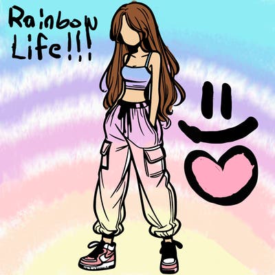 girl in baggy pants crop top and long hair