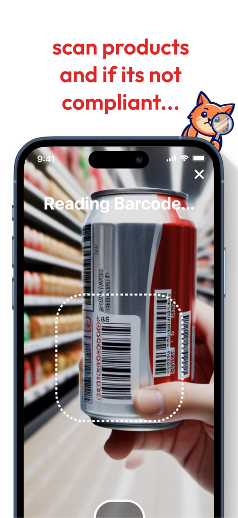 Interfaz de la aplicación Boycat que muestra un teléfono inteligente escaneando el código de barras de un producto para verificar el cumplimiento ético