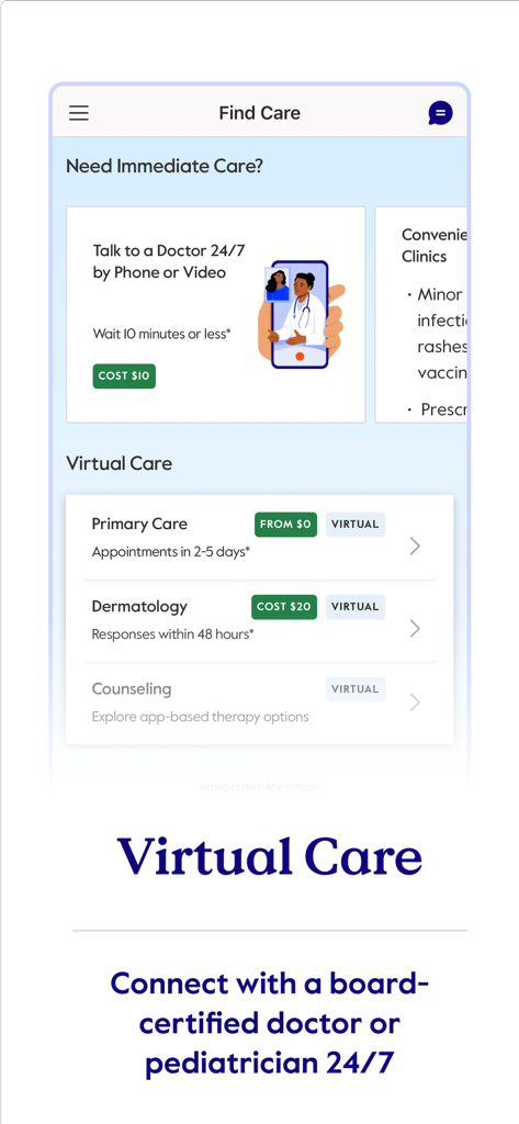 The myCigna app Find Care screen showing virtual care options and 24/7 doctor video calls