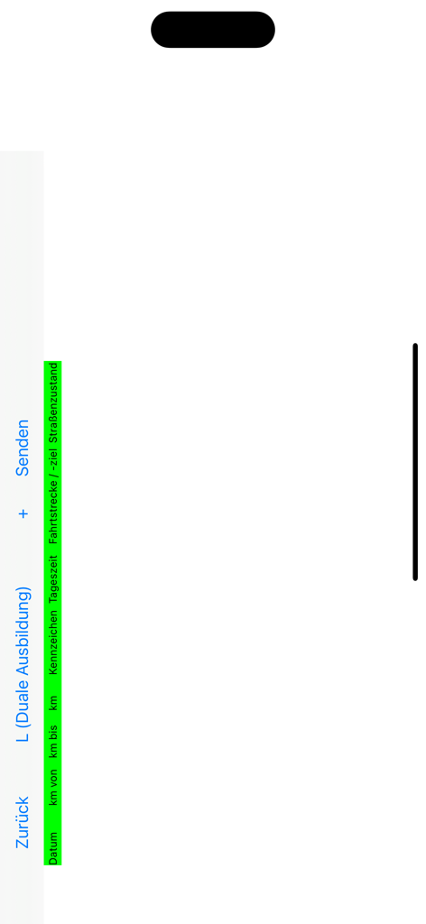 MMMApp - Oberfläche der MMMApp, die ein Fahrtenbuch mit Spalten für Datum, Kilometerstand und Routendetails für Fahrschüler zeigt.