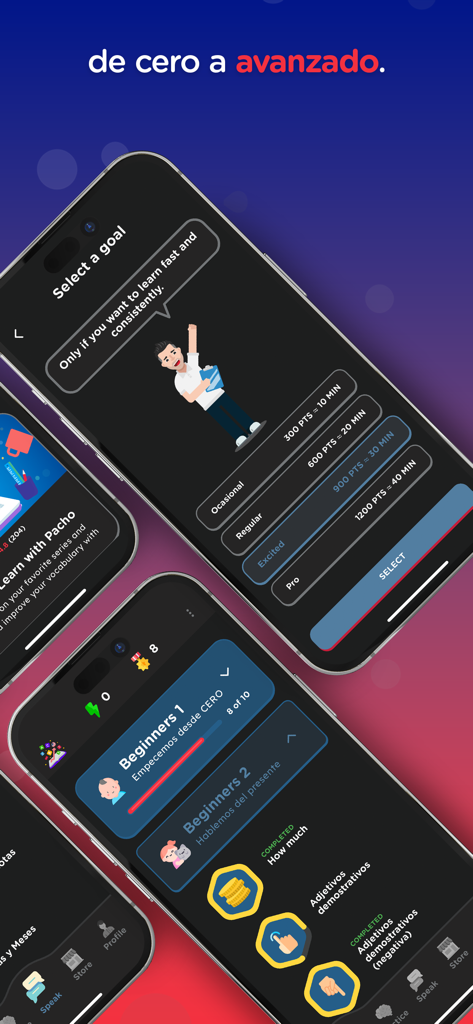 Inglés Fácil - Francisco Ochoa - Mobile screens from the Inglés Fácil app showing study goal settings and beginner English lesson tracks